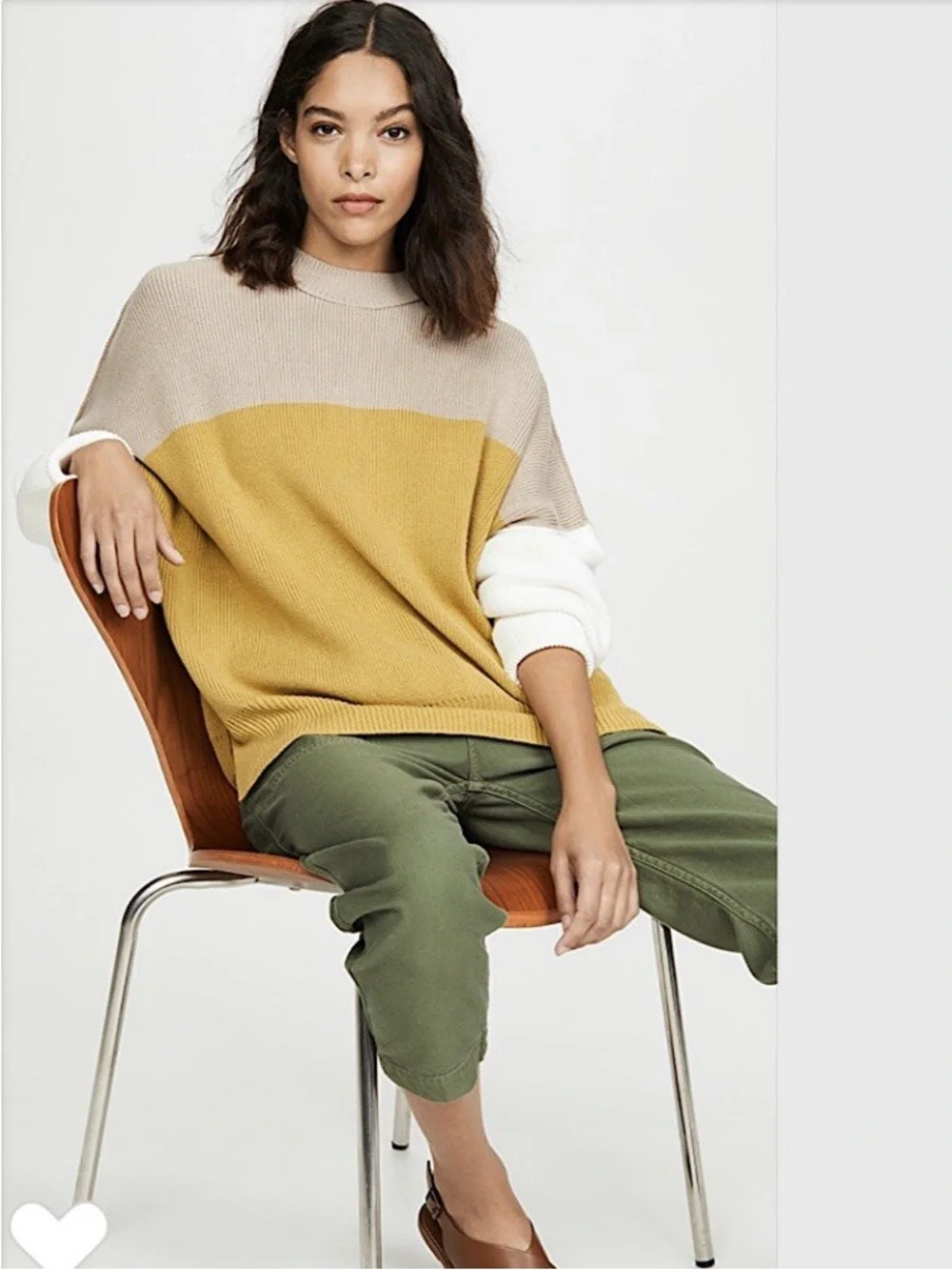 Free People Colorblock Crewneck Sweater Mustard Taupe White Sz M Oversized Chic